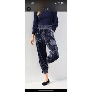 Anthropologie Gloria Dark Blue Velvet Smocked Joggers Boho Whimsigoth Witchy L